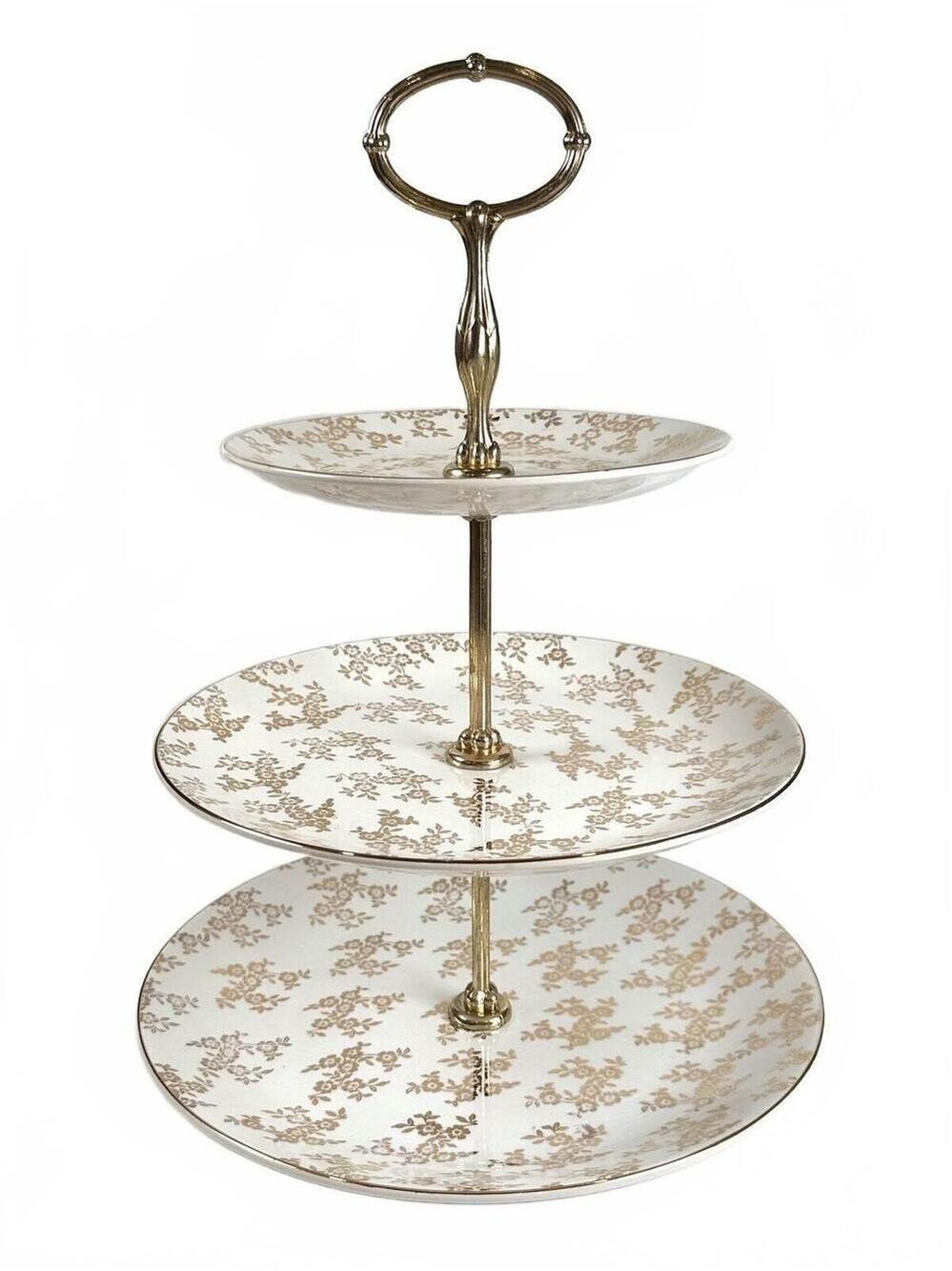 Vintage British Anchor Hostess 3-Tier Cake Stand Gold Floral Staffordshire